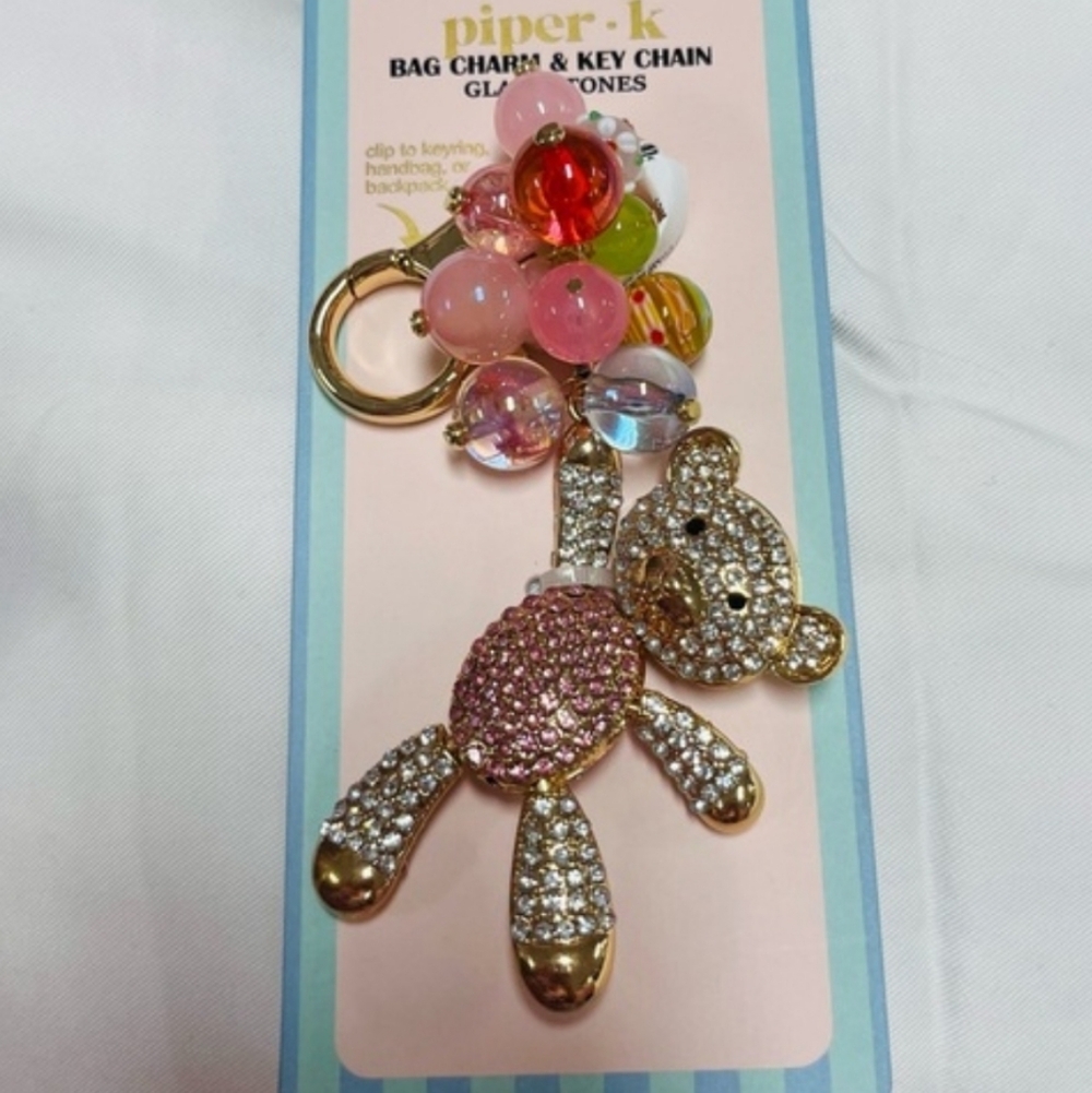 Piper K TEDDY BEAR and Crystal BALLOONS Keychain Bag Charm Brand New On Card
